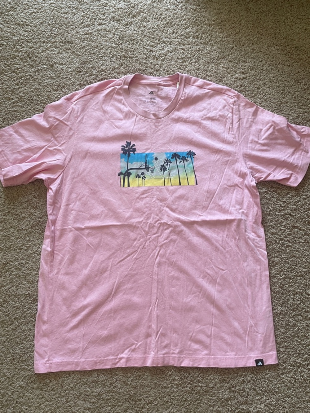 adidas Light Pink Short Sleeve Tee with Palm Sunset Graphic